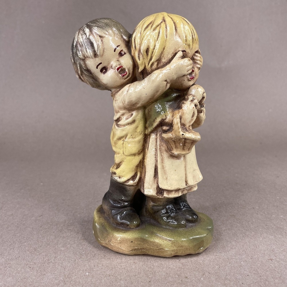 Vintage Boy Covering Girls Eyes Holding Basket‎ Figurine Surprise Yellow Green